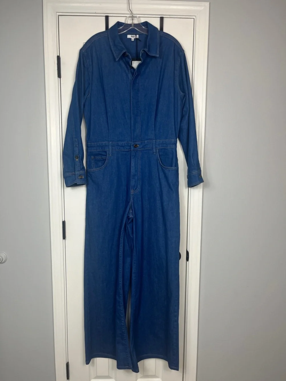 PAIGE Cameron Tie Waist Long Sleeve Wide Leg Denim Jumpsuit